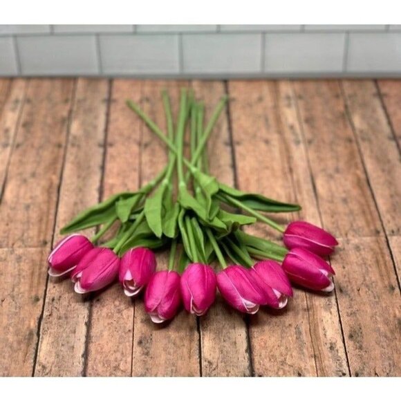 Farmhouse Artificial Pink Tulips 14 Inch Realistic Bundle Of 10 Fake Mom Gift - Picture 2 of 8